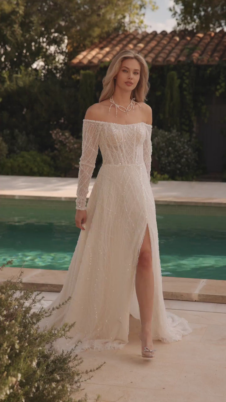 Beaded Off Shoulder Wedding Dress with Long Sleeves – Sparkly Ball Gown Wedding Dress with Thigh High Slit Plus Size