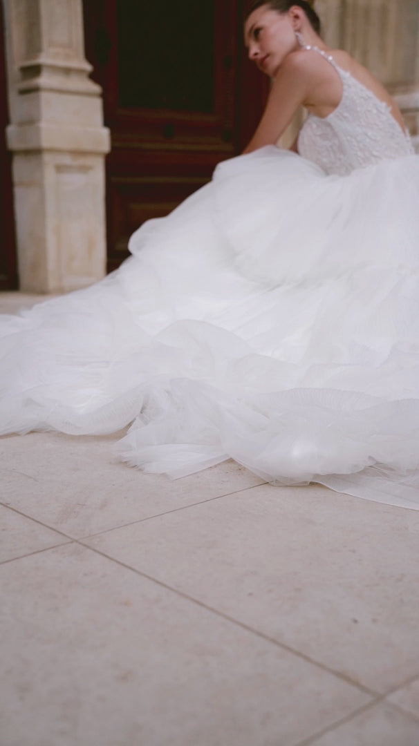 Spaghetti Strap Wedding Dress with Tiered Skirt – Layered Tulle Ruffle Dress with Pearl Leaf Bodice and Sheer Layers Plus Size