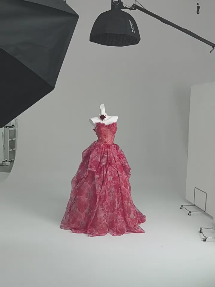 Flower Ball Gown Red Prom Dress – Strapless Evening Dress with Draped Floral Tulle Skirt Plus Size