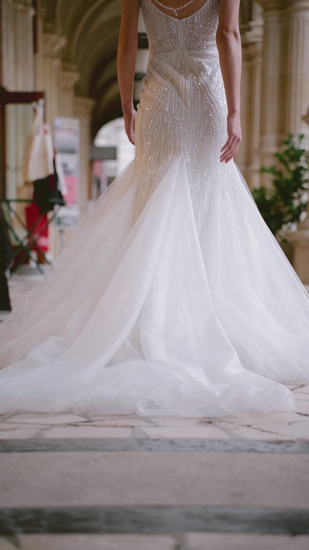 Trumpet Wedding Dress with Long Lace Sleeves – V-Neck Bridal Gown Trumpet Wedding Dress with Spaghetti Straps – Simple Bridal Gown with Pearl Back Straps and Sheer Train Plus Sizewith Rhinestones and Sheer Floral Waist Plus Size