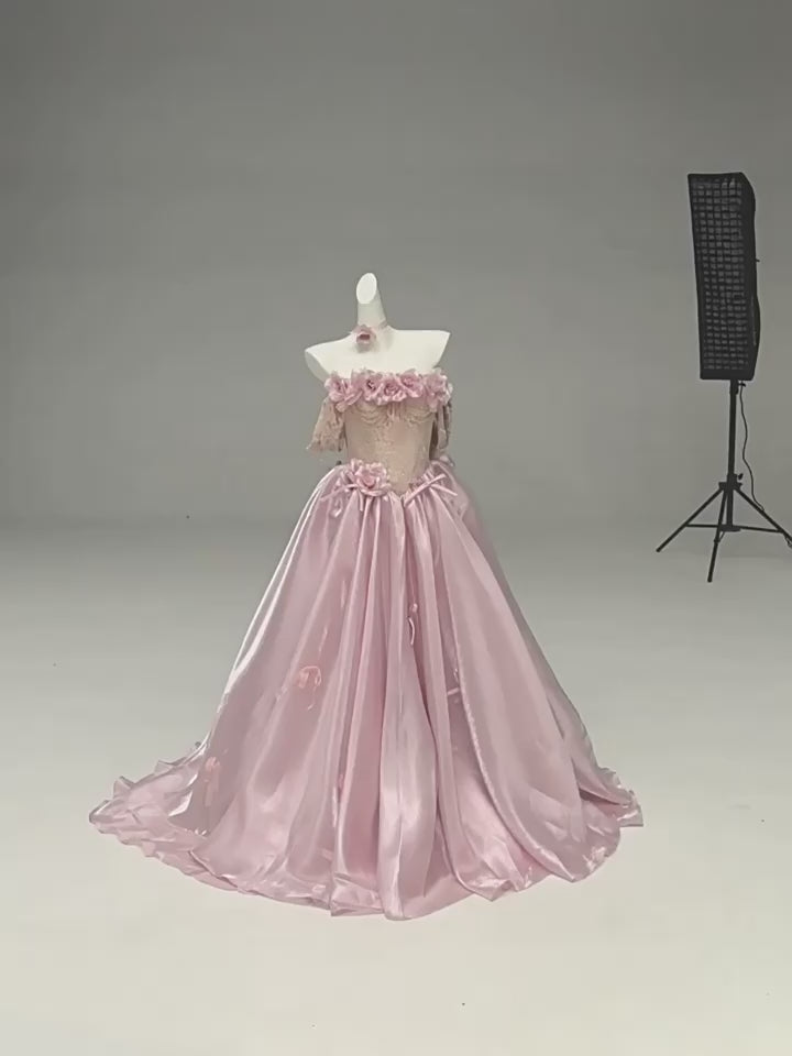 Blush Pink Off-Shoulder Evening Gown with Floral Appliqué – Satin Evening Dress with Lace-Up Back Plus Size