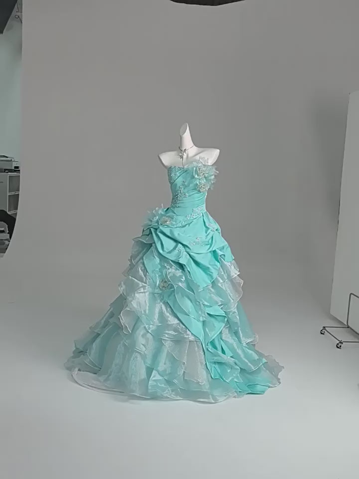Blue Ball Gown with Floral Appliqué – Strapless Layered Tulle Ruffle Dress with Lace-Up Back Plus Size