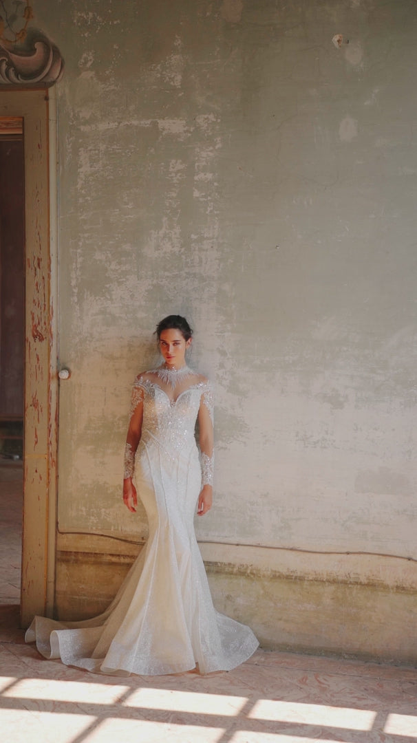 Ivory Sparkly Ball Gown Wedding Dress with Long Sleeves and Convertible Train - Embellished Mermaid Gown with Motif Details Plus Size
