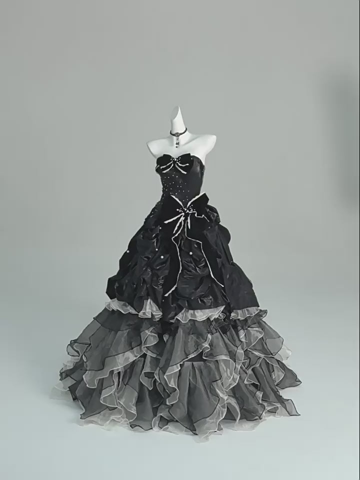 Black Gothic Ball Gown with Velvet Bows – Strapless Layered Tulle Ruffle Dress Plus Size
