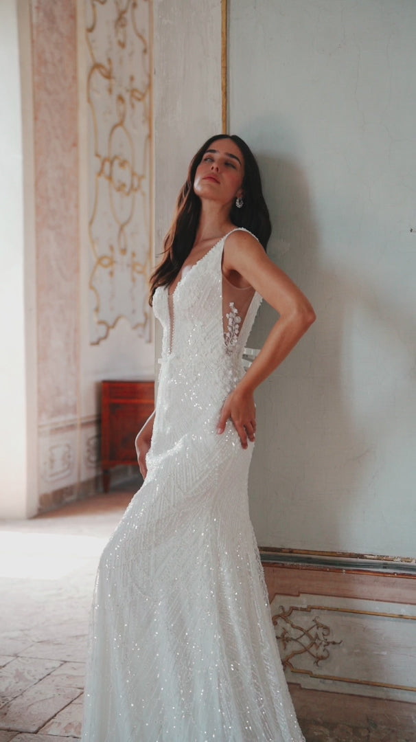 Ivory Mermaid Wedding Dress Beaded with Deep V-Neckline and Bow Detail – Convertible Wedding Gown with Sequin Plus Size