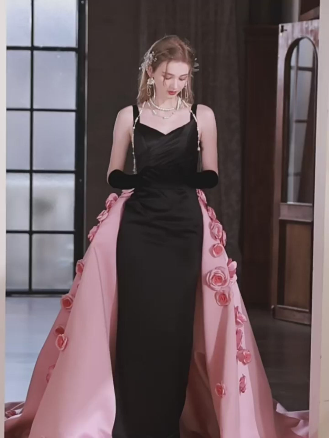 Black and Pink Convertible Evening Dress – Black Sleeveless Evening Gown with Pink Overskirt - Flower Applique Dress Plus Size
