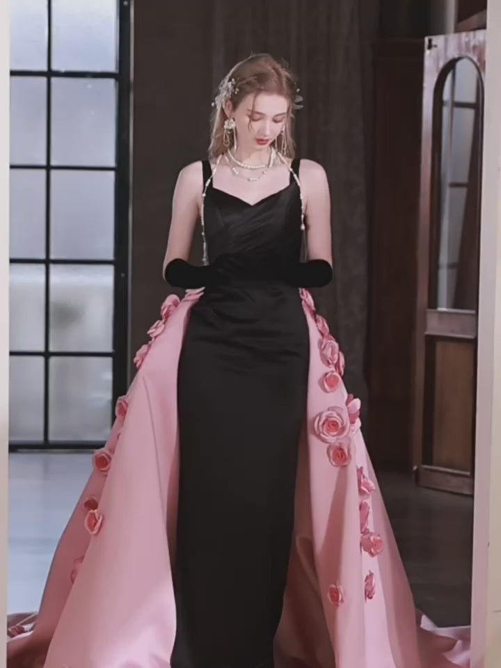 Black and Pink Convertible Evening Dress – Black Sleeveless Evening Gown with Pink Overskirt - Flower Applique Dress Plus Size