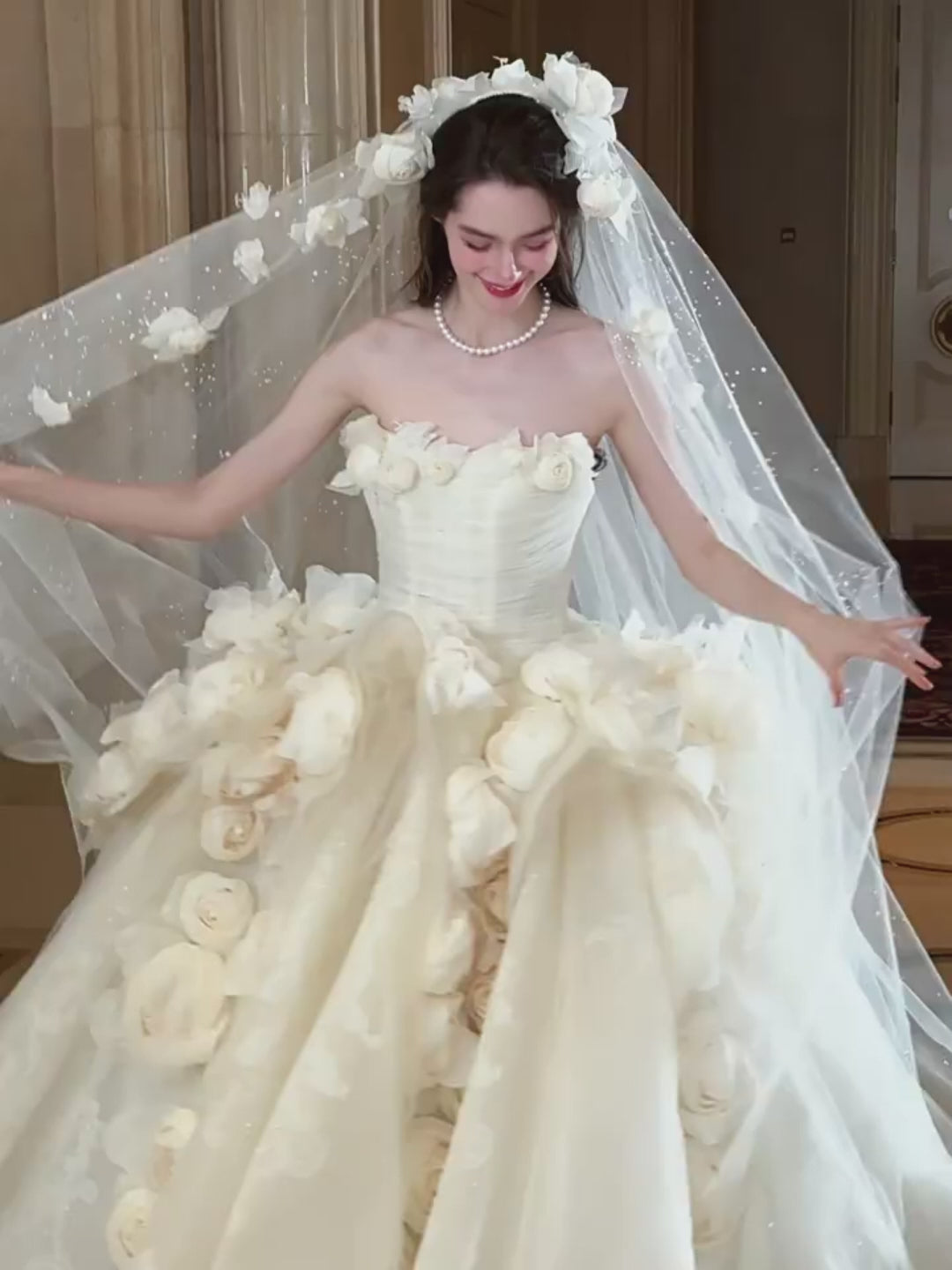 Champagne Strapless Wedding Dress with Oversized Floral Appliqué – Floral Wedding Dress with Long Train Plus Size