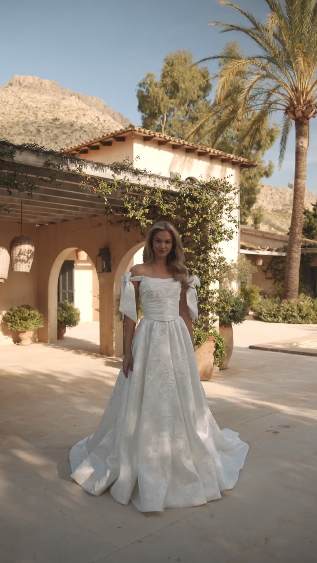 Ivory Off Shoulder Wedding Dress with Bow Sleeves – Jacquard A Line Wedding Gown with Corset Back Plus Size