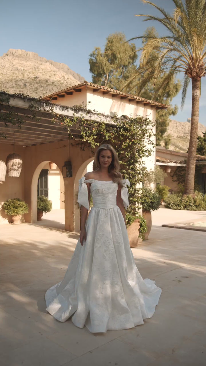 Ivory Off Shoulder Wedding Dress with Bow Sleeves – Jacquard A Line Wedding Gown with Corset Back Plus Size