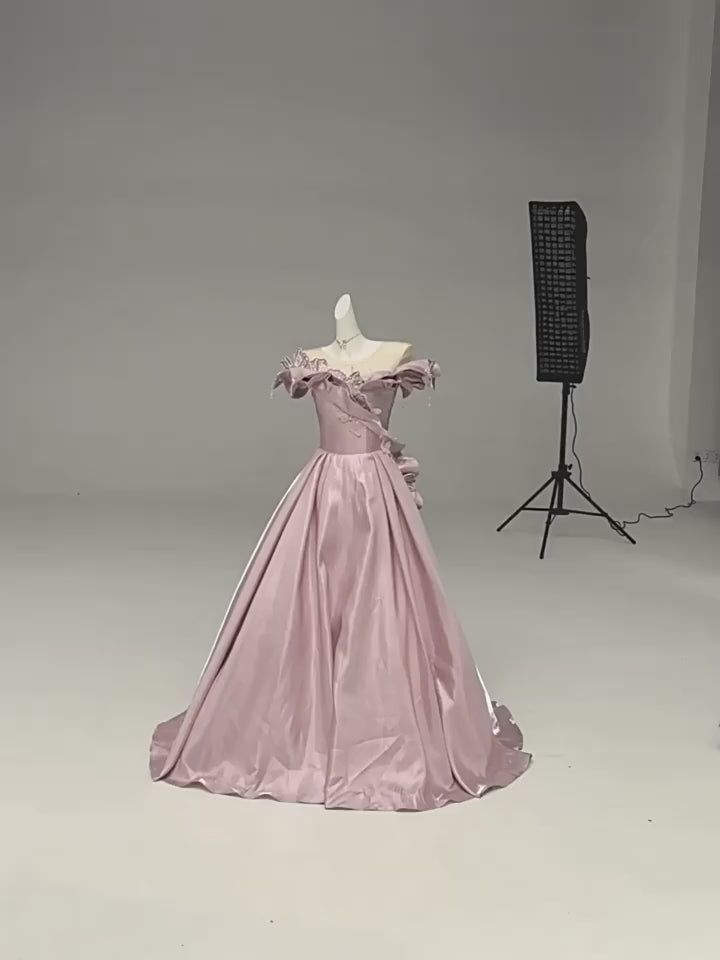 Blush Pink Satin Evening Gown with Leaf Appliqué – Off-Shoulder Evening Dress with Corset Back Plus Size