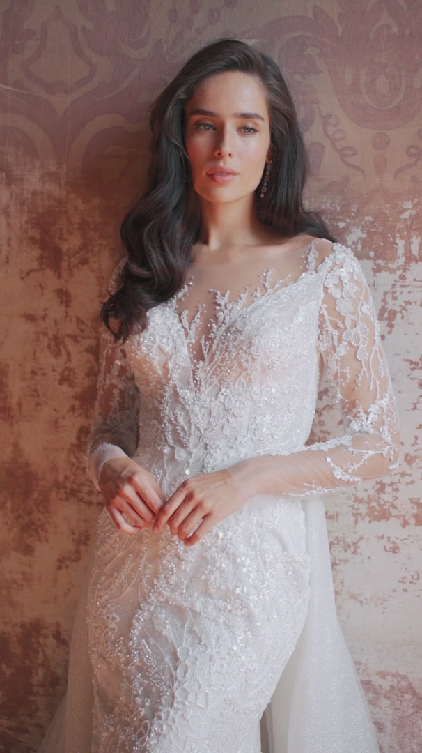 Ivory Tulle Mermaid Wedding Dress with V-Neck and Long Sleeves – Embellished Wedding Gown with Jeweled Details and Train Plus Size