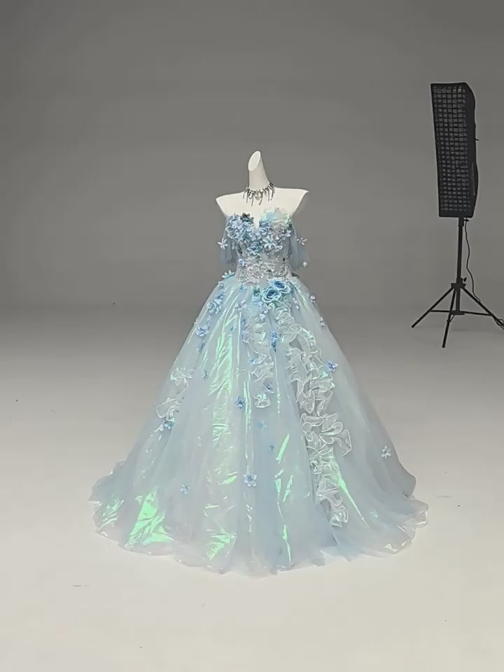 Light Blue Off-Shoulder Evening Gown with Floral Appliqué – Fairy Sparkle Evening Dress with Corset Back Plus Size