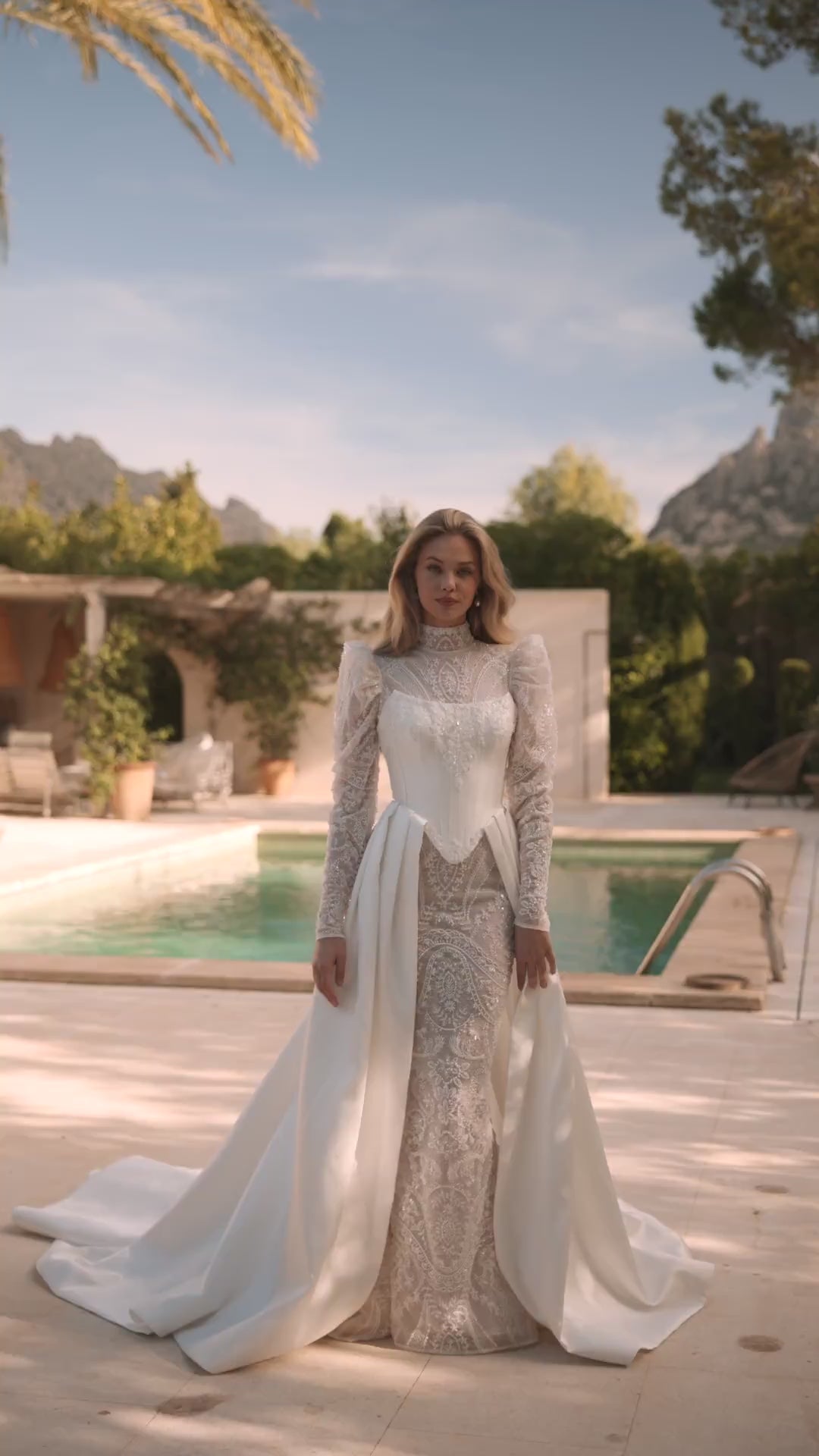 Nude Long Sleeve Wedding Dress with High Neck - Convertible Wedding Dress with Ivory Lace Plus Size