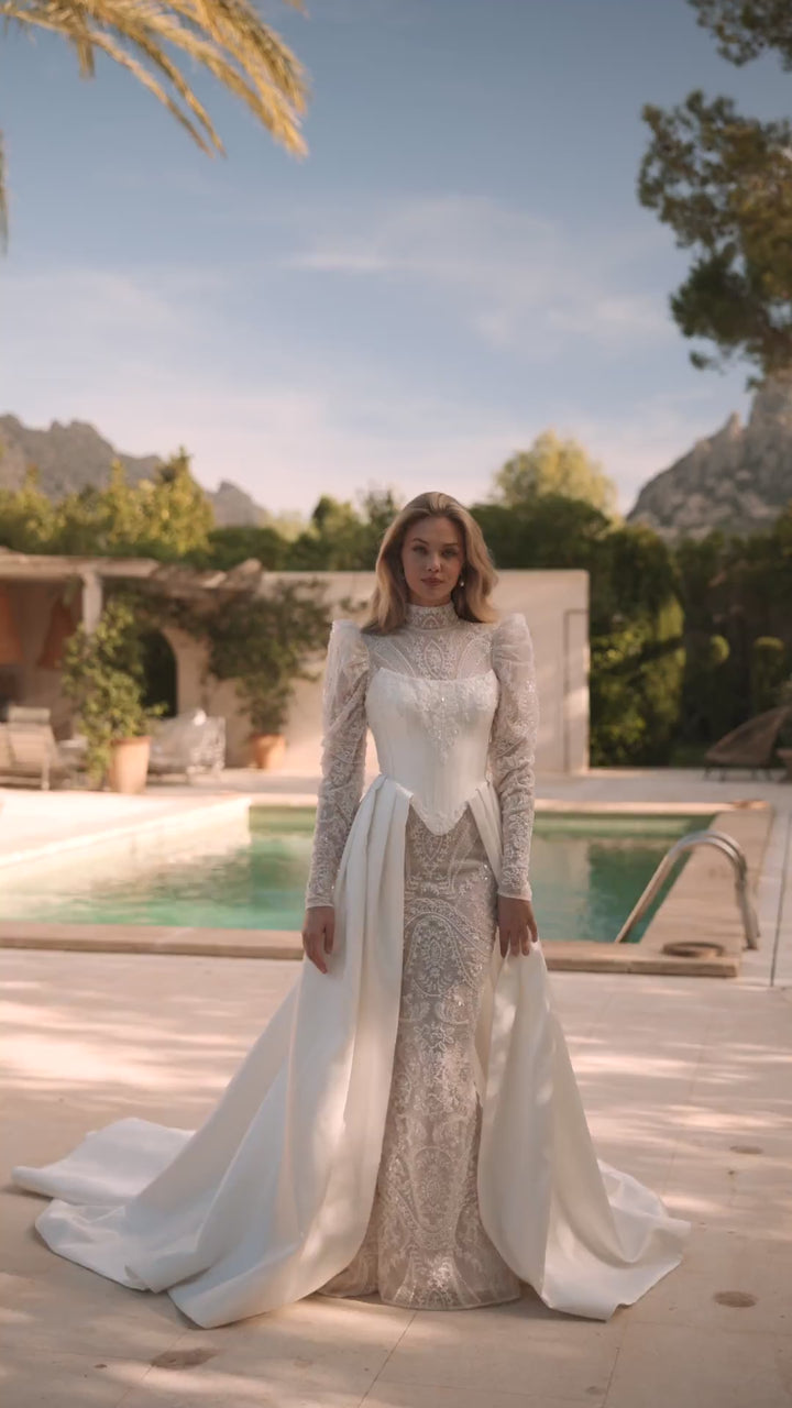 Nude Long Sleeve Wedding Dress with High Neck - Convertible Wedding Dress with Ivory Lace Plus Size