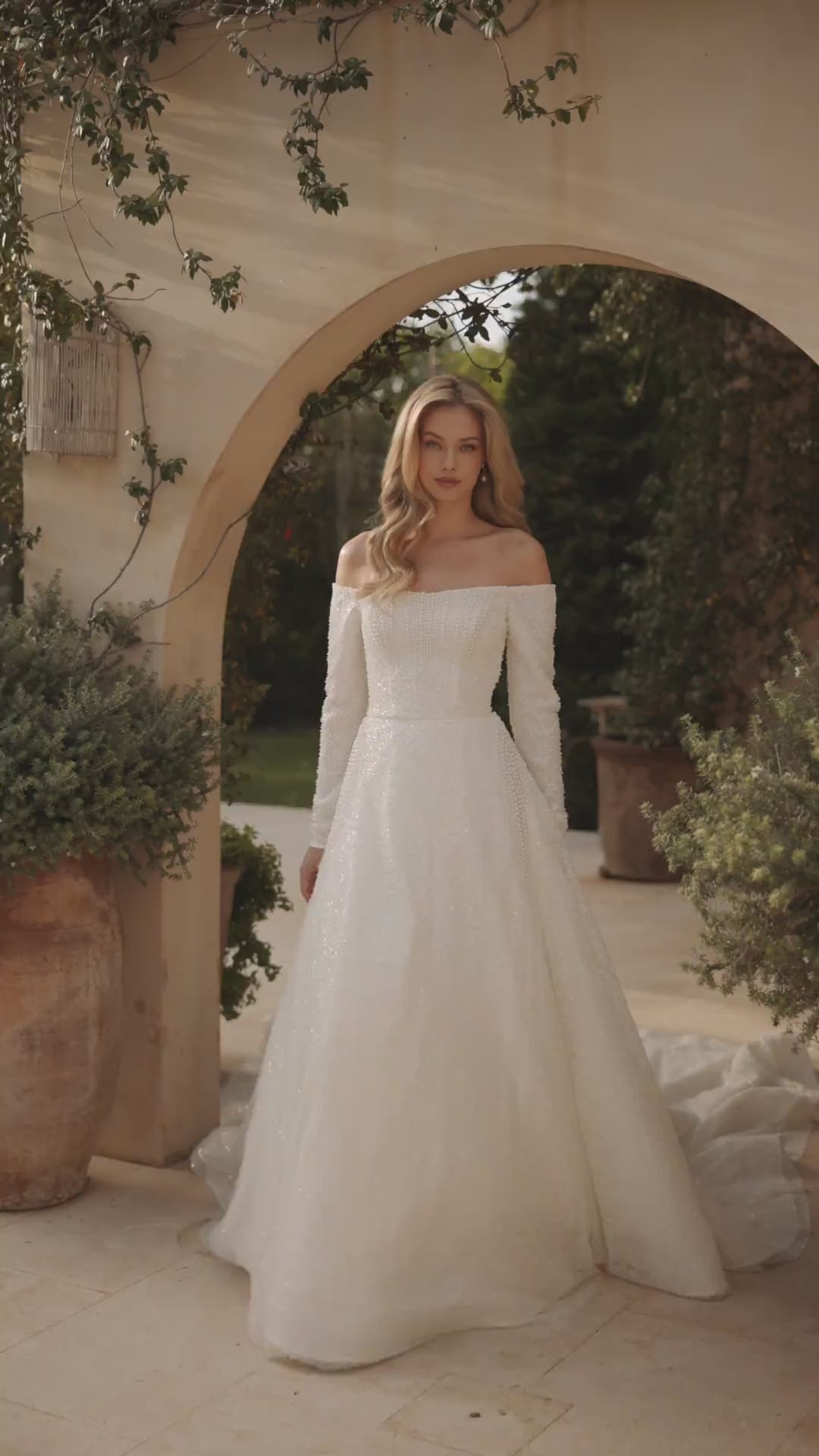 Ivory Beaded Off Shoulder Wedding Dress with Long Sleeves – Glitter Ball Gown Wedding Dress with Sweep Train Plus Size
