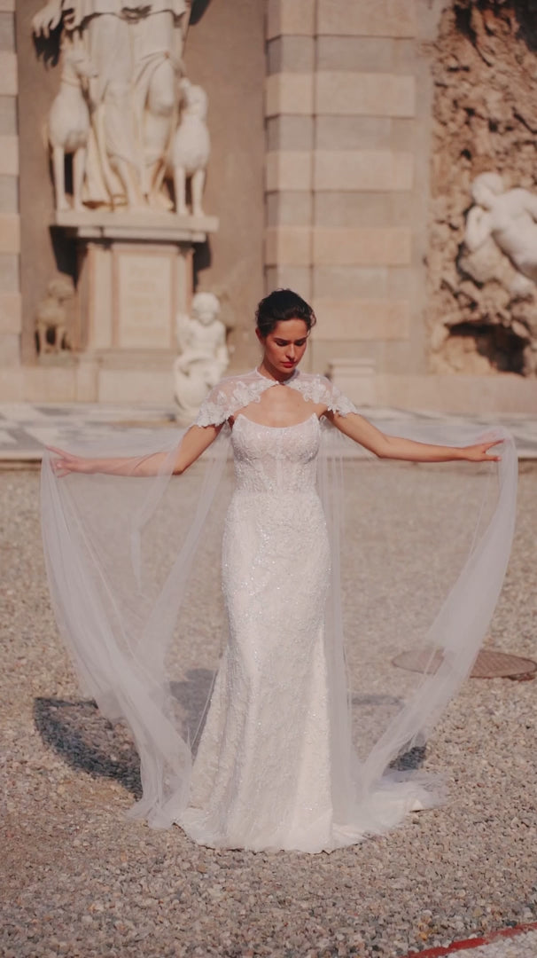 Ivory Tulle Mermaid Wedding Dress with Floral Lace Cape – Sparkly Mermaid Wedding Gown with Fitted Bodice Plus Size