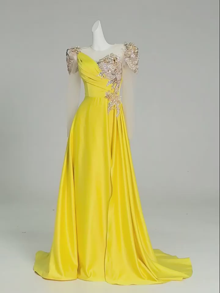 Yellow Satin Evening Dress with Embroidered Sheer Sleeves – Lace-Up Back Formal Evening Dress  Plus Size