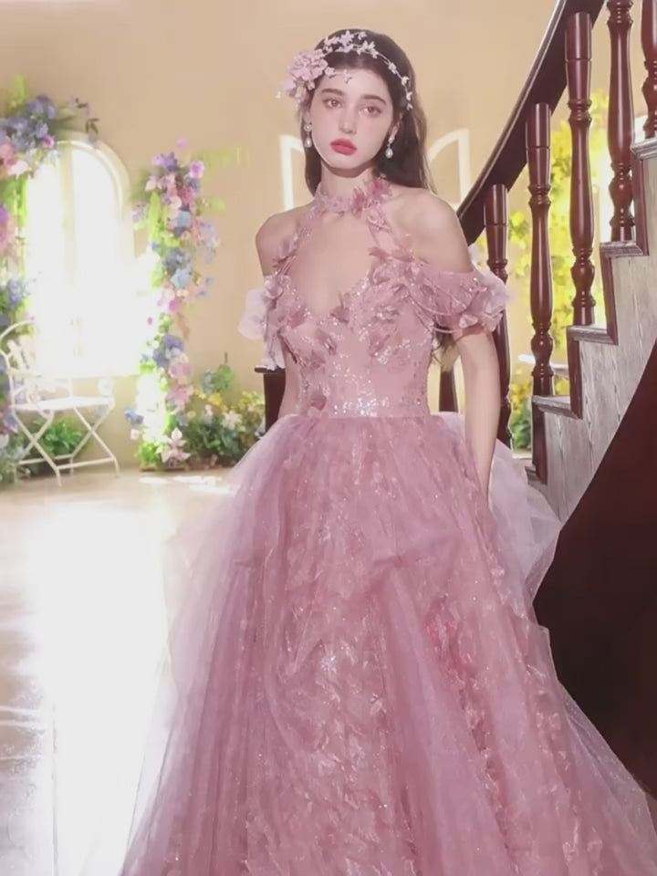 Pink Off the Shoulder Evening Dress with Tiered Tulle Skirt – Floral Evening Gown with 3D Petals Plus Size