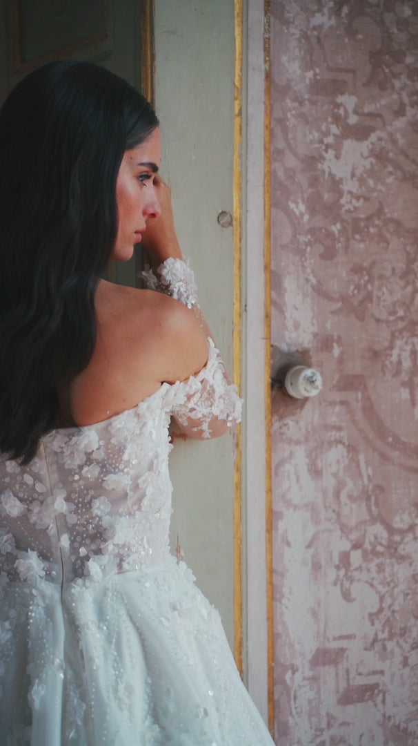 Ivory Floral A-Line Wedding Dress with Low-Cut Neckline – Off-Shoulder Wedding Dress with Pearly Sequins and Floral Motif Plus Size