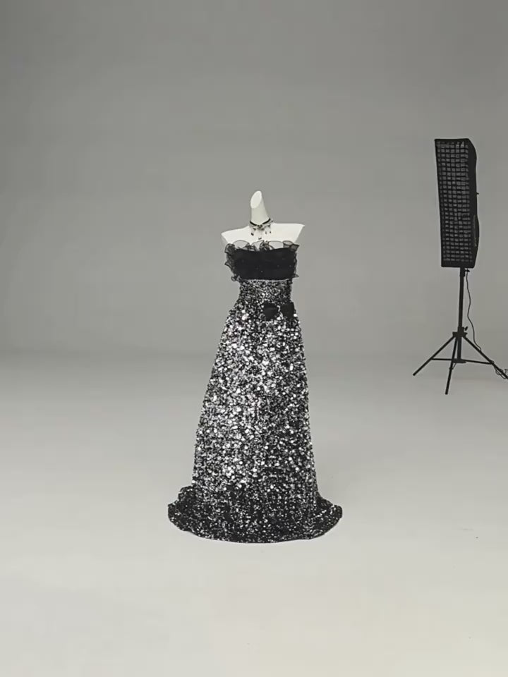 Gothic Black Dsigner Sequin Gown with Ruffled Bodice and Strapless – Black Formal Wear Dresses with Corset Back Plus Size