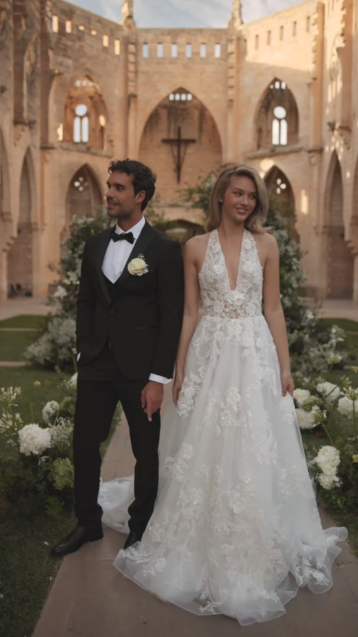 Ivory A Line Ball Gown Wedding Dress with Plunging Halter Neck - Wedding Dress with Tullea with 3D Floral Lace Plus Size