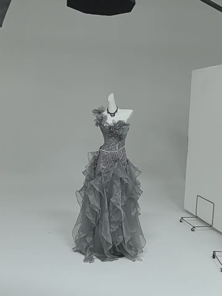 Gray Layered Tulle Ruffle Dress with Floral Appliqué – One Shoulder Evening Dress with Lace-Up Back Plus Size