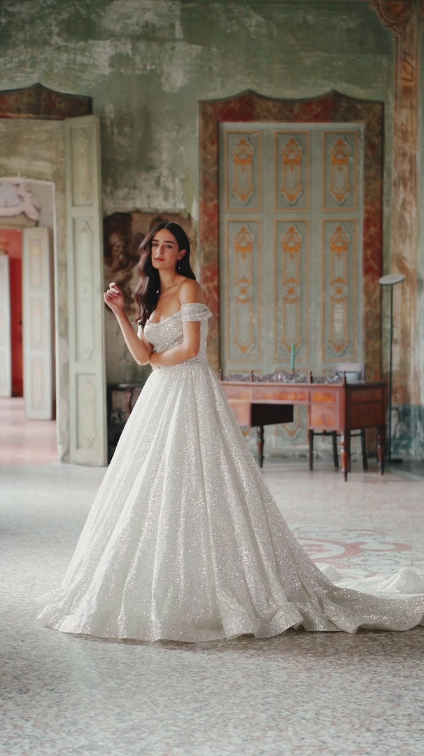 Ivory Off-the-Shoulder Wedding Dress with Low-Cut Neckline – Sequin Ball Gown Wedding Dress with Flowing Train Plus Size