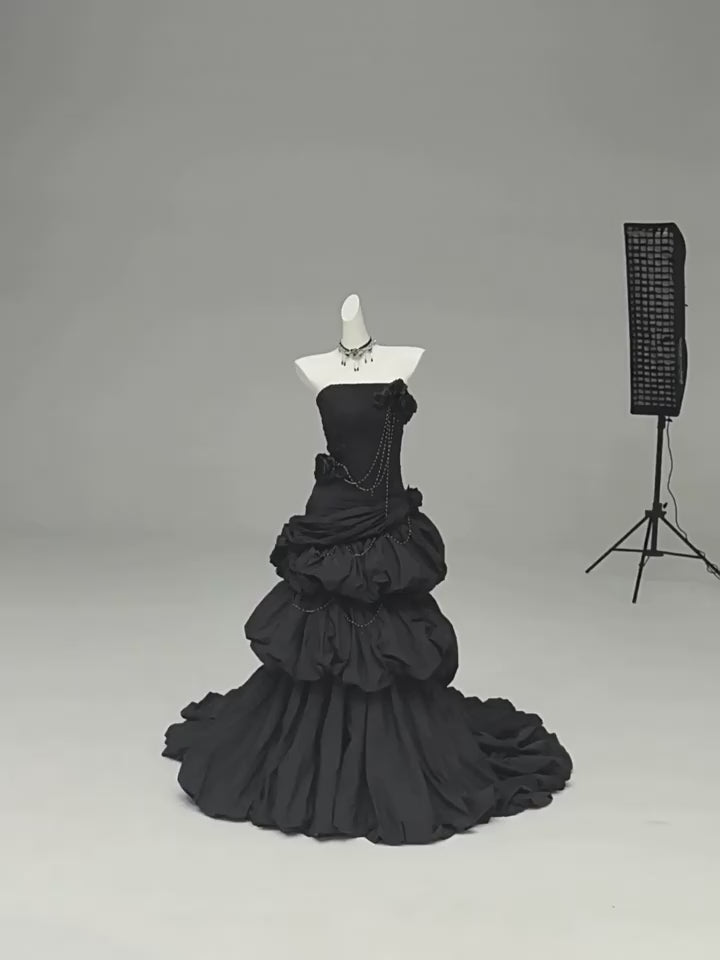 Gothic Black Strapless Evening Dress with Ruffled Skirt – Gothic Victorian Evening Dress with Corset Back Plus Size