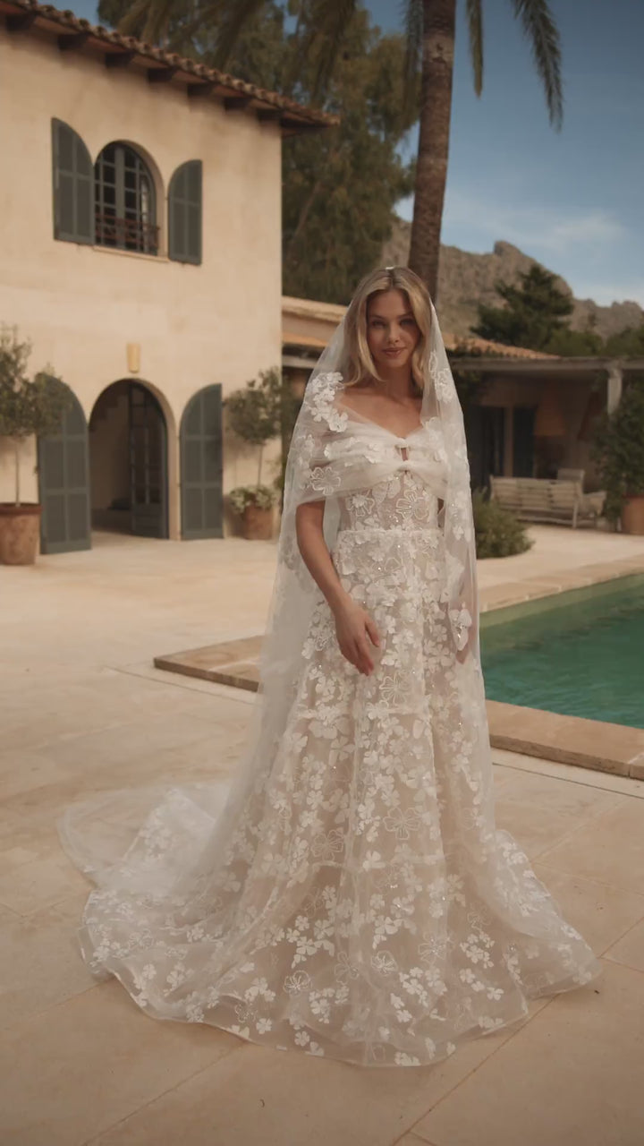 Nude Floral Wedding Dress with Sheer Strapless Bodice and Tulle Cape –  A-Line Wedding Ball Gown with 3D Appliqué Plus Size