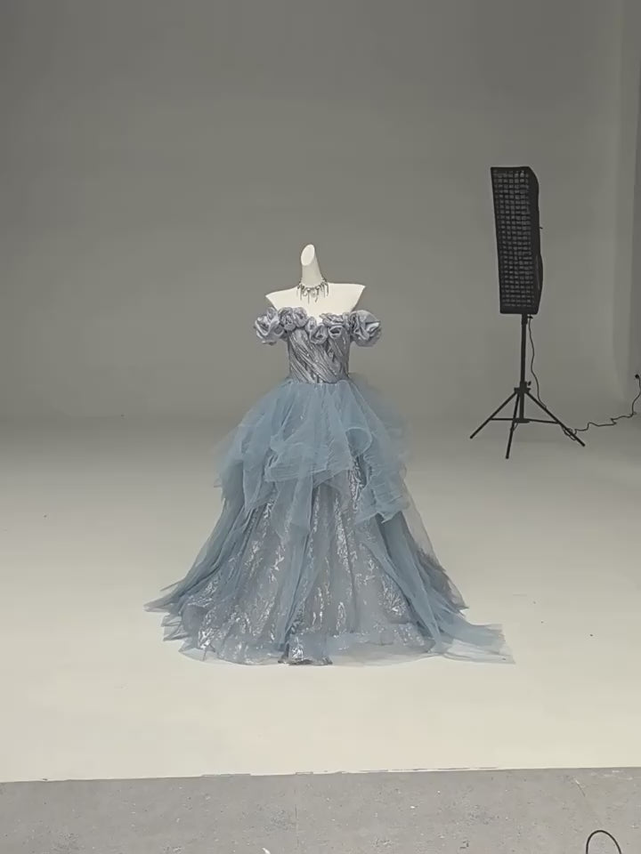 Dusty Blue Off-Shoulder Evening Gown with Floral Appliqué – Sequin Evening Dress with Tulle and Corset Back Plus Size