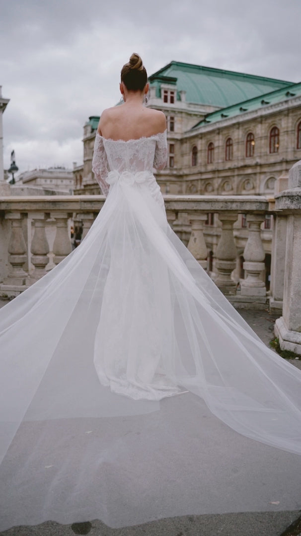 Off Shoulder Wedding Dress with Sweetheart Neckline – Straight Wedding Gown with Sheer Train and Floral Back Detail Plus Size