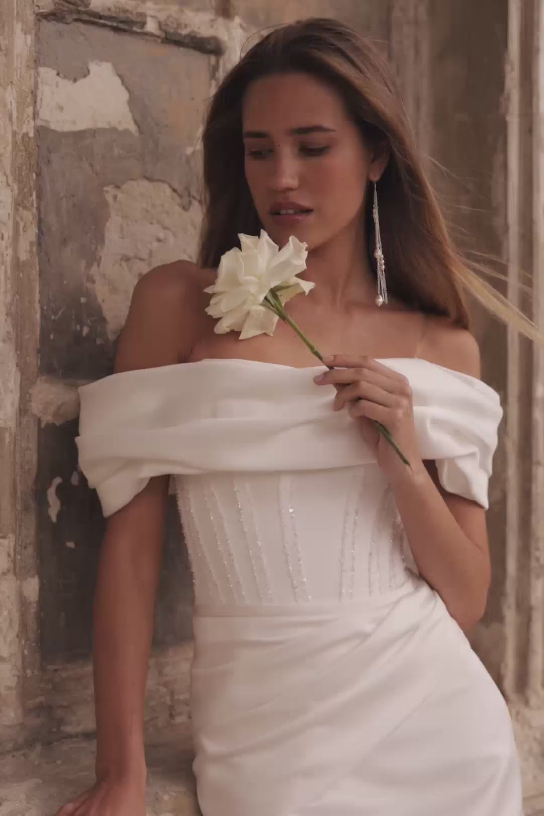 Ivory Off-Shoulder Satin Wedding Dress with Corset and High Slit Plus Size