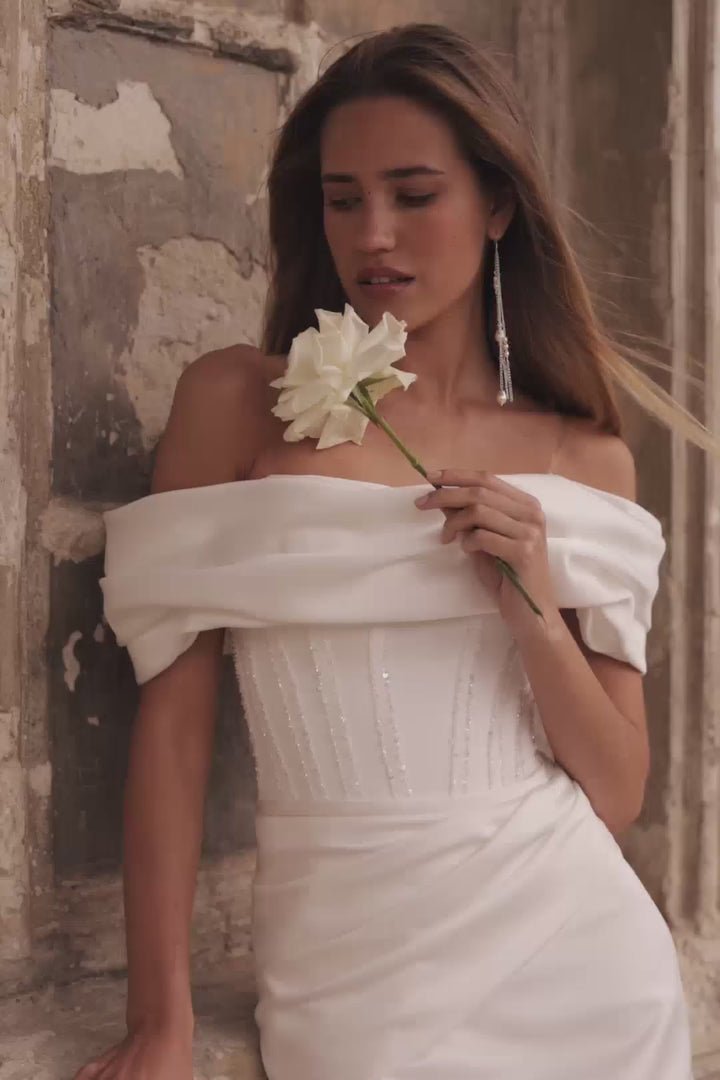 Ivory Off-Shoulder Satin Wedding Dress with Corset and High Slit Plus Size