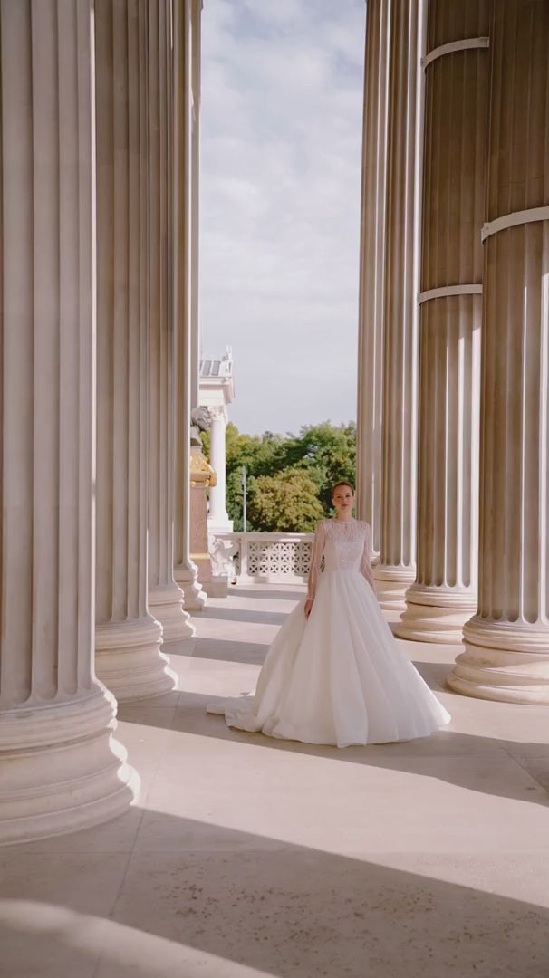 Ballgown Wedding Dresses with Sheer Long Sleeves – Crystal Wedding Dress with Sparkling Skirt and Classic Silhouette Plus Size