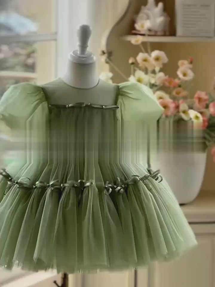 Enchanted Sage Green Tulle Flower Girl Dress with Crystal Embellishments – Plus Size