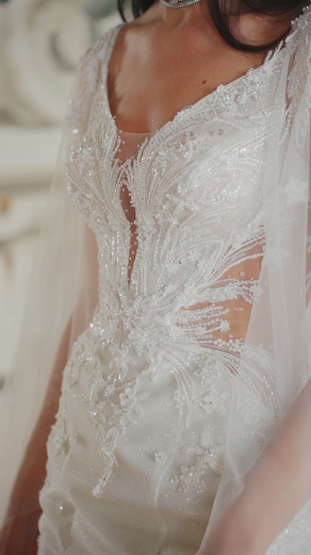 Ivory Tulle Mermaid Wedding Dress with Lace and Sheer Train – V-Neck Wedding Gown with Floral Lace Bodice and Sheer Veil Plus Size
