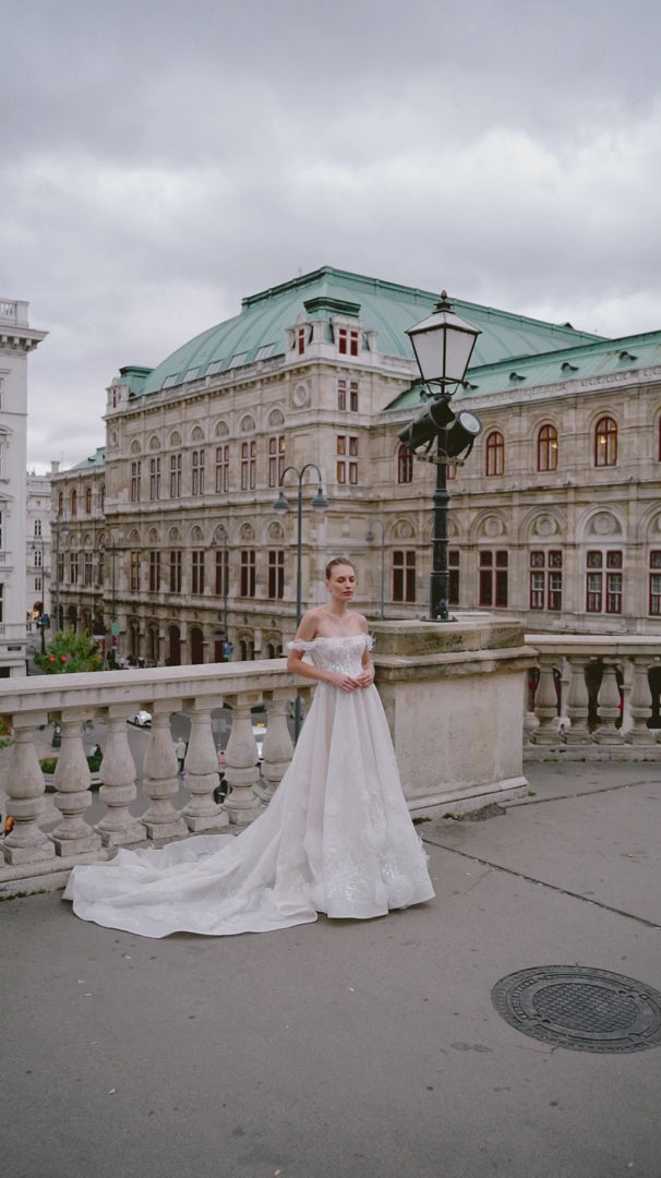 Off Shoulder Wedding Dress with Lace Sleeves – Elegant Wedding Dress with Embellishments and Chiffon Floral Hem Plus Size