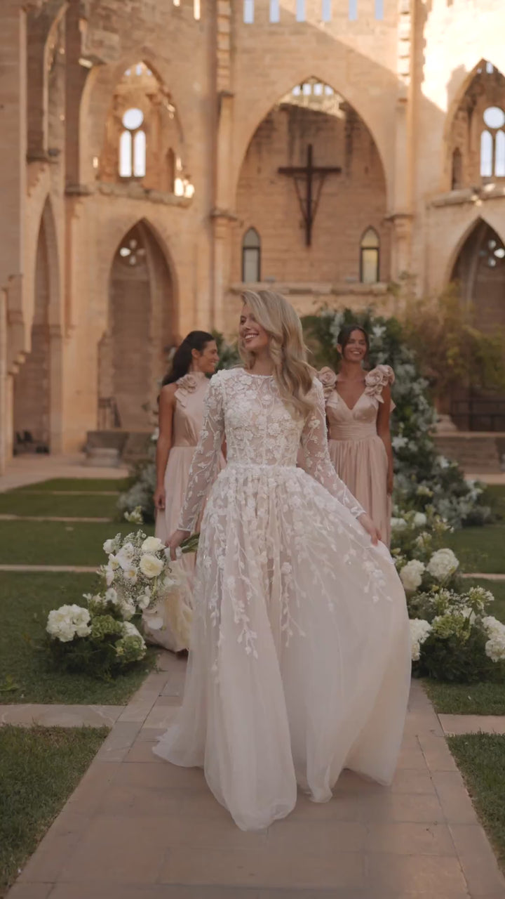 Nude Floral Wedding Dress with 3D Lace Appliqué - Long Sleeves Wedding Gown with Tulle Plus Size