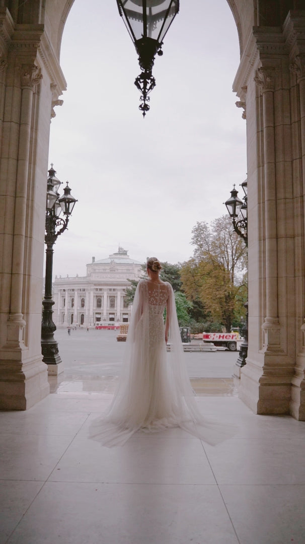 Lace Wedding Dress with Shoulder Veil – Floral Wedding Dress with Pearl Embellishments and Sheer Floral Bodice Plus Size