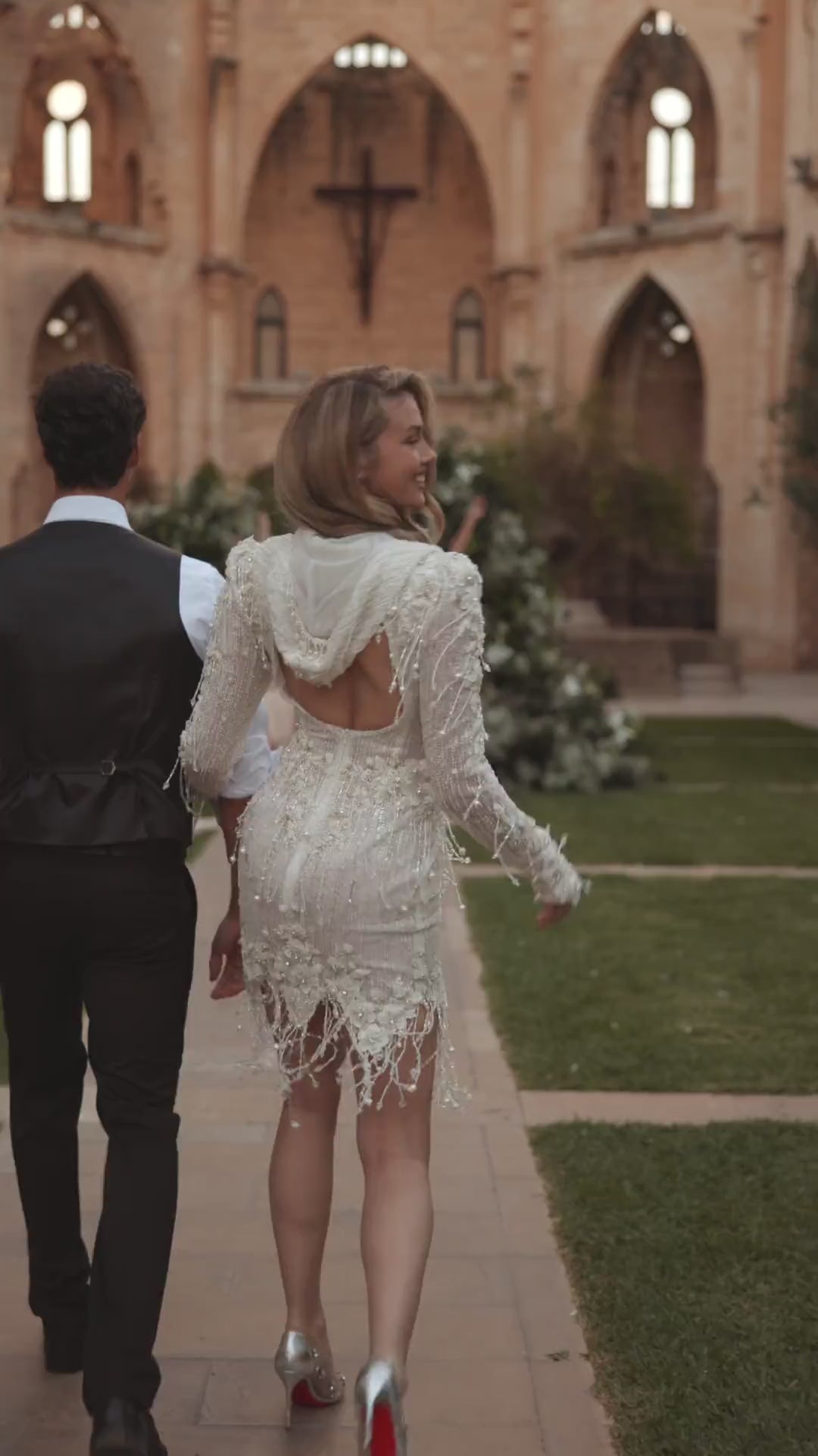 Ivory Short Wedding Party Dresses with Beaded - Lace Wedding Gown Long Sleeve with Cowl Neckline Plus Size