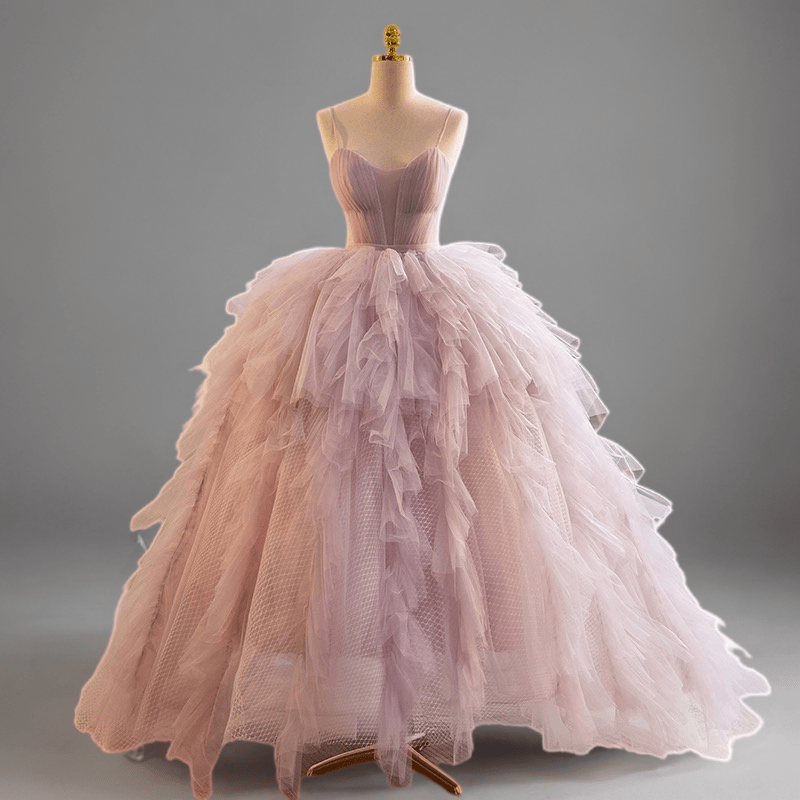 strapless open back dress Purple Tulle Party Dress with Spaghetti Strap