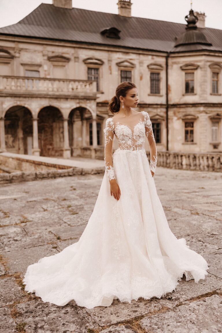 Regal Deep V-Neck A-Line Wedding Dress with 3-D Floral Embroidery and Long  Train Plus Size ANNA