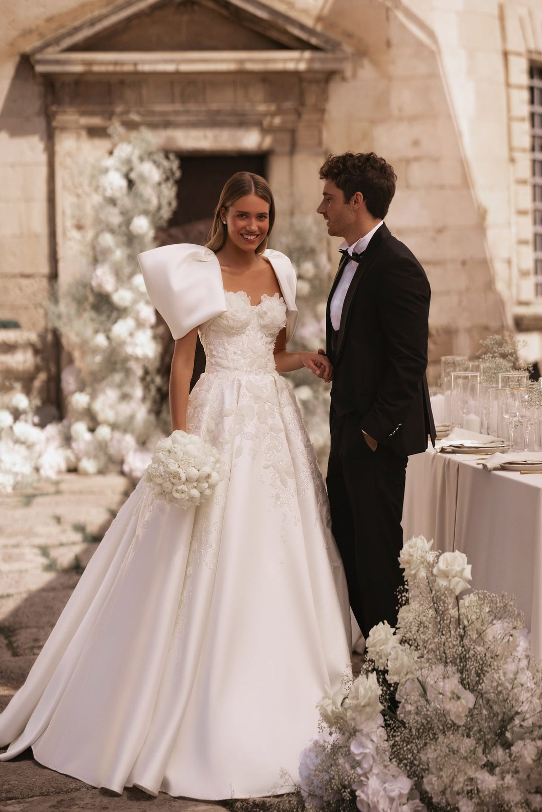 Regal Ivory Wedding Gown with Floral Sequined Corset and Attachable Voluminous Bolero Plus Size - WonderlandByLilian