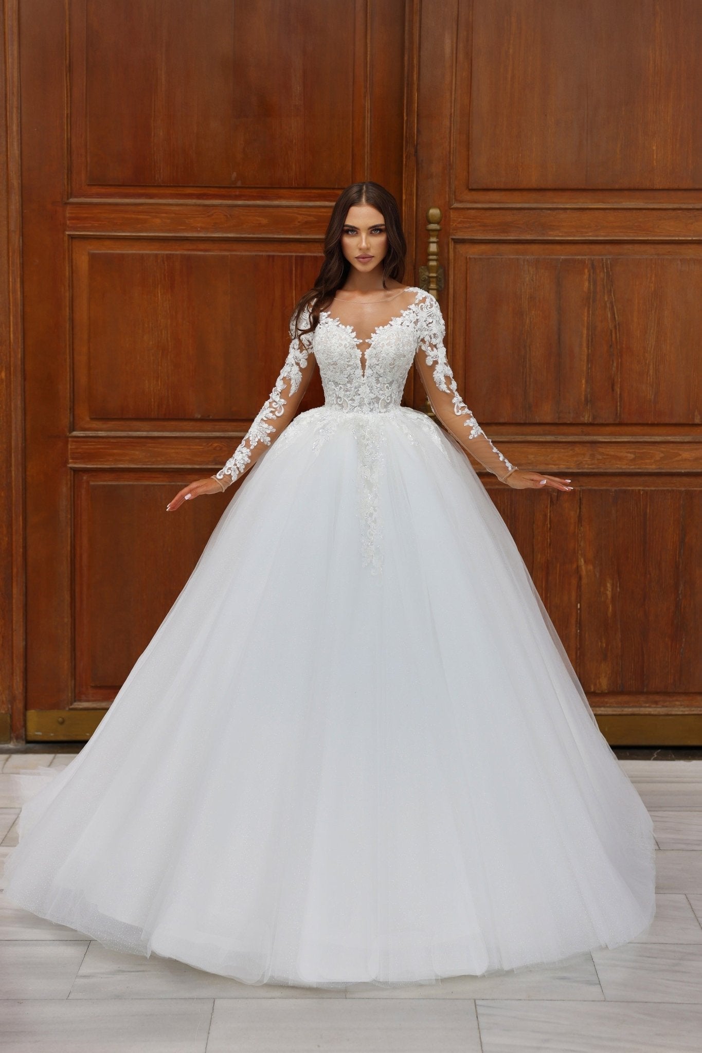 Regal Lace A-Line Wedding Dress with Full Sleeves Plus Size