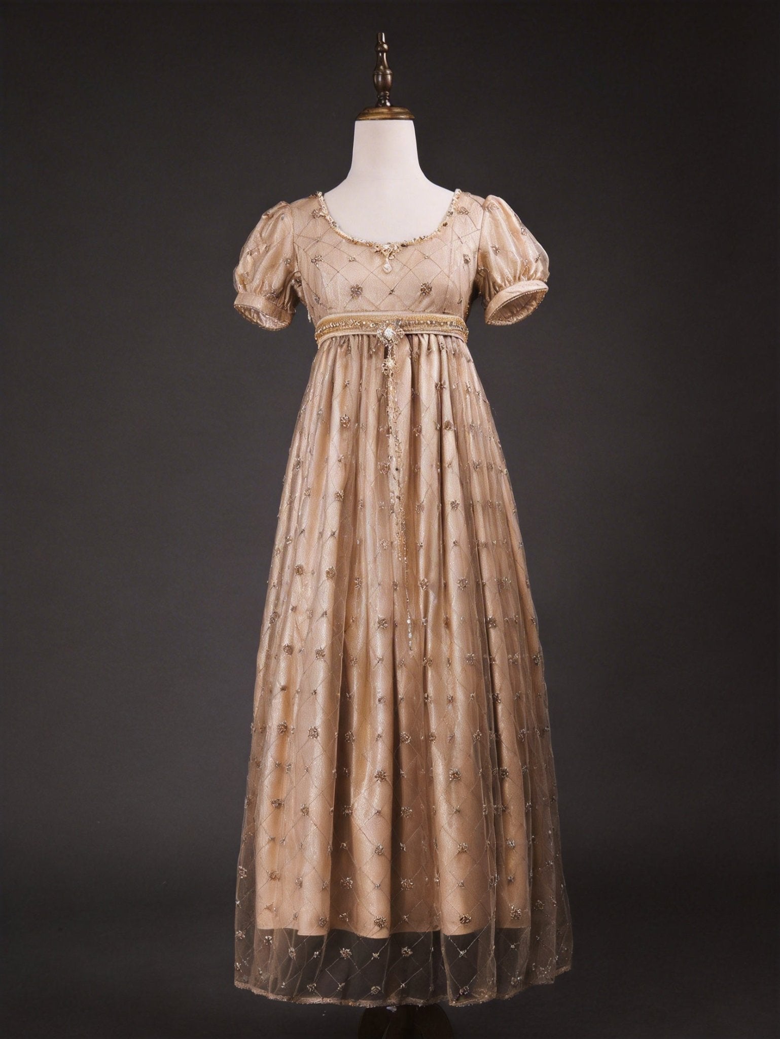Regency Era Champagne Empire Waist Dress with Gold Beaded Embroidery a