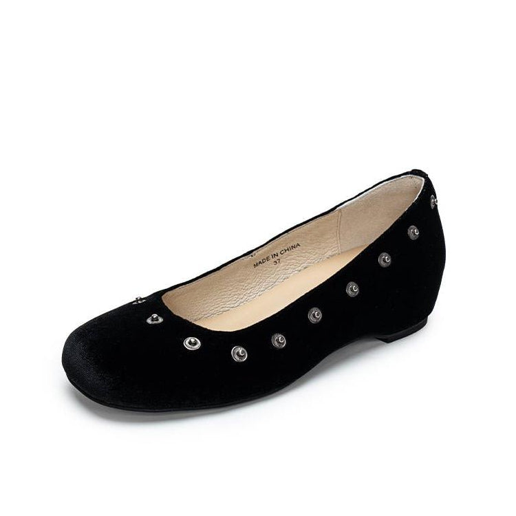 Retro Black Velvet Mary Jane Shoes with Stud Detailing - Vintage 1940s Inspired Flats - WonderlandByLilian