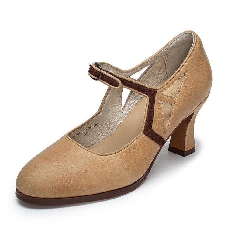 Retro T - Strap Art Deco Heels - Two - Tone Leather - WonderlandByLilian