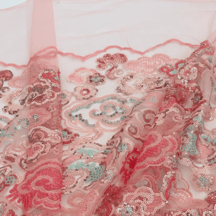 Romantic Blush Pink Floral Embroidered Tulle with Sequins Fabric - WonderlandByLilian