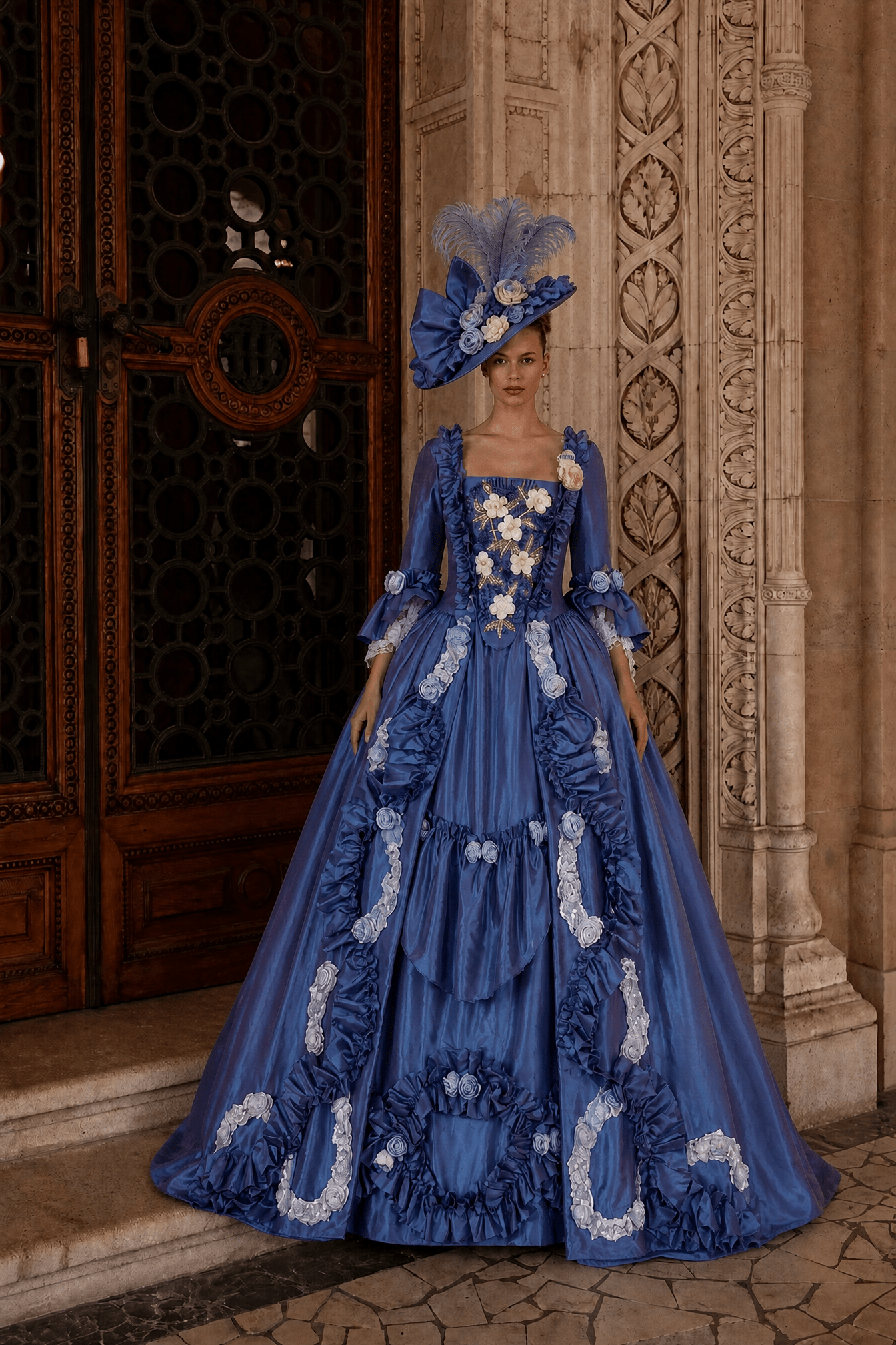 Royal Blue Rococo Ball Gown with Floral Lace and Ruffled Detailing – Victorian-Inspired Wedding Dress with Long Sleeves Plus Size